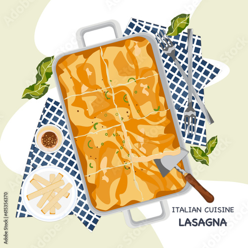 Traditional Italian lasagna in a casserole dish on napkins plate and fork-colored background, top view.