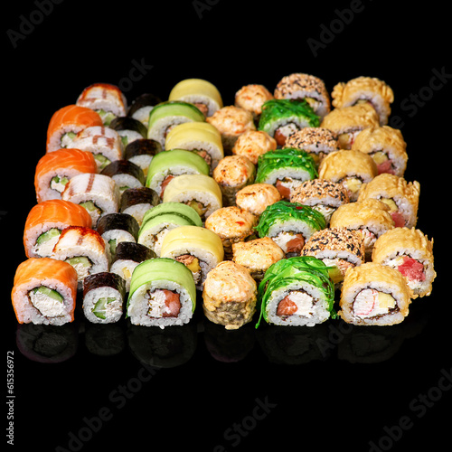 Set of different types of sushi rolls. Ready square restaurant menu banner.