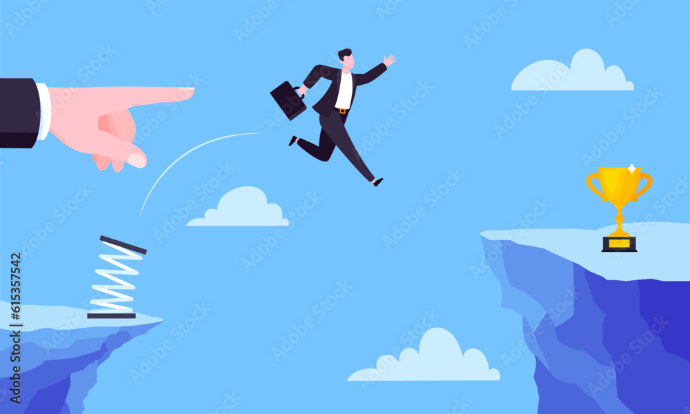 Businessman jumps over the abyss across the cliff flat style design vector illustration. Business concept of fearless businessman with huge courage. Risk, goal achievement and mentoring.