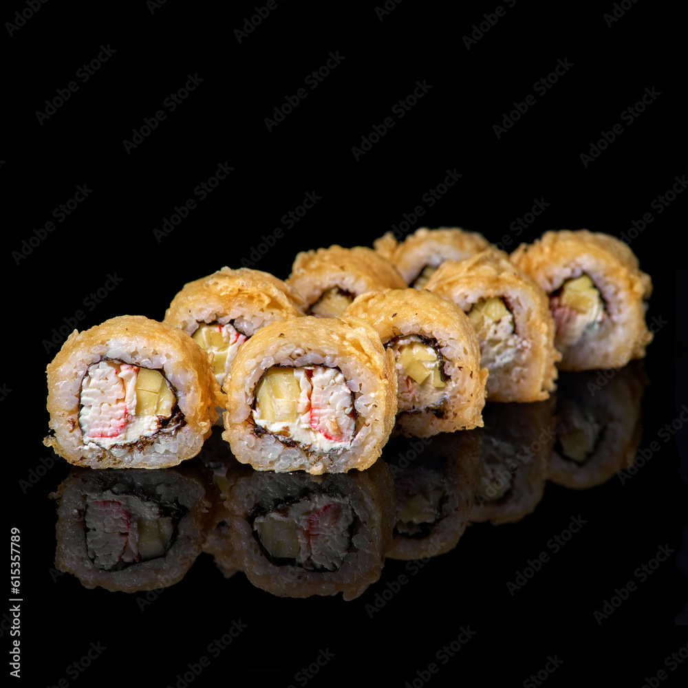 Hot fried sushi rolls and maki with shrimp, Tempura Ebi. Deep-fried. Sushi menu. Close up Hot fried sushi rolls and maki with shrimp, Tempura Ebi. Deep-fried. Sushi menu. Close up