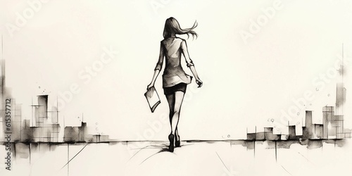 A Sketch of a Businesswoman Walking While Holding Paperwork Generative AI