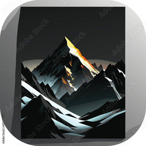 Vector wallpaper with a landscape, a mountain majestic mountain range with snow-capped peaks and sprawling glaciers, poster art , richly colored skies.