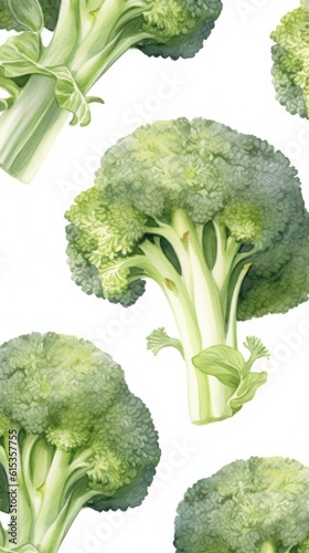 Fresh Organic Broccoli Vegetable Background, Vertical Watercolor Illustration. Healthy Vegetarian Diet. Ai Generated Soft Colored Watercolor Illustration with Delicious Juicy Broccoli Vegetable. photo