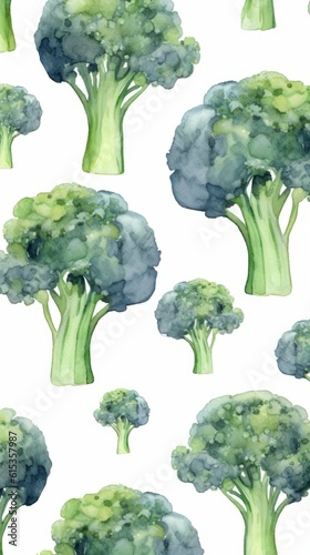 Fresh Organic Broccoli Vegetable Background, Vertical Watercolor Illustration. Healthy Vegetarian Diet. Ai Generated Soft Colored Watercolor Illustration with Delicious Juicy Broccoli Vegetable.