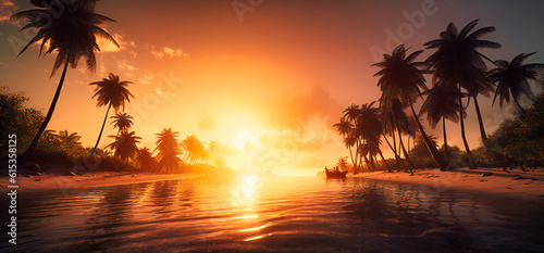 sun setting on the beach with palm trees © Nilima