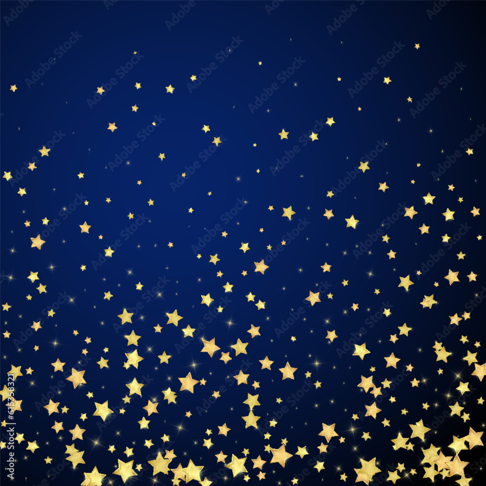 Magic stars vector overlay. Gold stars scattered around randomly, falling down, floating. Chaotic dreamy childish overlay template. Vector magic overlay on dark blue background. Magic stars vector overlay. Gold stars scattered around randomly, falling down, floating. Chaotic dreamy childish overlay template. Vector magic overlay on dark blue background.