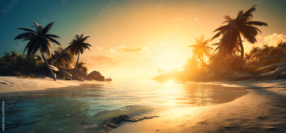 smooth sea background palm trees with sun setting sunlight on white beach