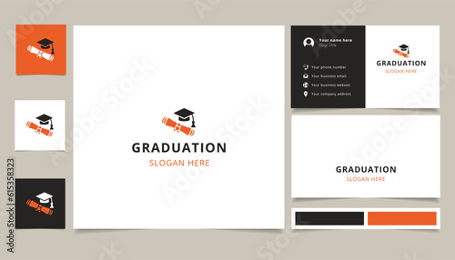 Graduation logo design with editable slogan. Branding book and business card template.