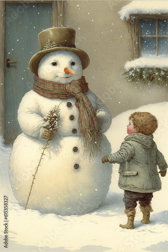 Christmas illustration in the old style with a snowman

