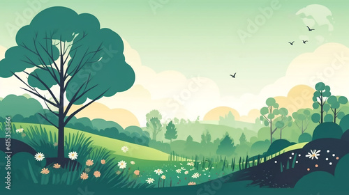Digital illustration of summer spring nature landscape. Valley with green meadows flowers trees blue sky with white clouds. Panoramic view. Long banner with copy space