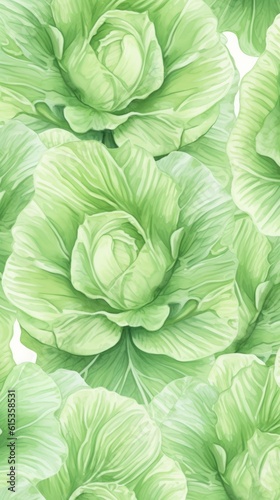 Fresh Organic Cabbage Vegetable Background, Vertical Watercolor Illustration. Healthy Vegetarian Diet. Ai Generated Soft Colored Watercolor Illustration with Delicious Juicy Cabbage Vegetable.