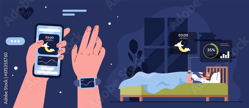 Smartwatch for sleep tracker concept. Man on smartphone looks at vital signs. Statistics and infographics. Healthy and active lifestyle and sports, fitness. Cartoon flat vector illustration