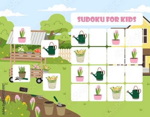 Fototapeta Naklejka Na Ścianę i Meble -  Sudoku for kids game concept. Watering cans and flowers. Educational material, development of logical thinking and mindfulness. Gardening and agriculture. Cartoon flat vector illustration