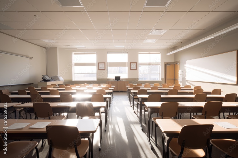 Fototapeta premium A classroom with neat rows of tables and chairs.