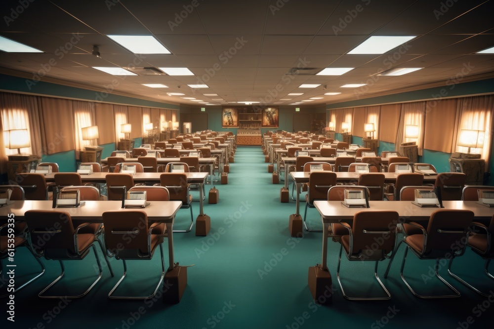 Fototapeta premium A classroom with neat rows of tables and chairs.