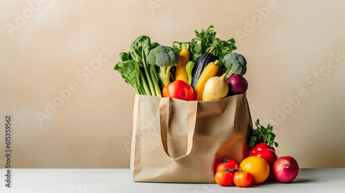 Cotton tote bag with fresh local produce bell pepper carrots celery broccoli garlic tomatoes leafy greens. Organic bio produce plant based healthy diet