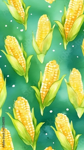 Fresh Organic Corn Vegetable Background, Vertical Watercolor Illustration. Healthy Vegetarian Diet. Ai Generated Soft Colored Watercolor Illustration with Delicious Juicy Corn Vegetable. photo