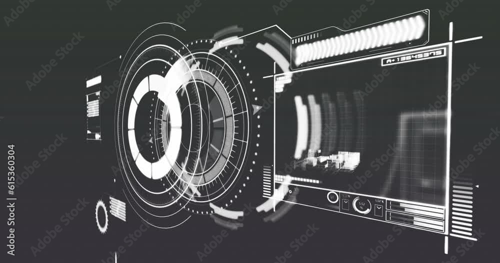 Animation of interface with round scanner and data processing against black background