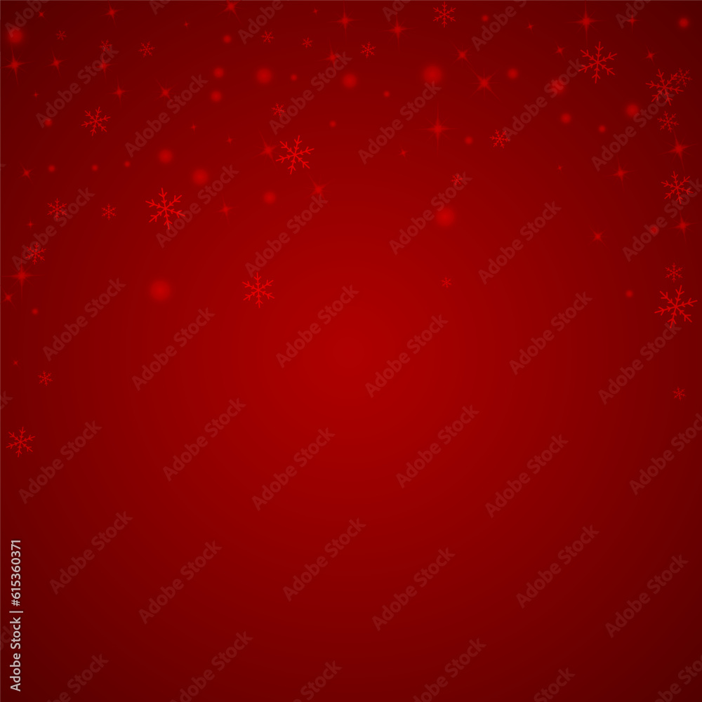 Snowfall overlay christmas background. Subtle flying snow flakes and stars on christmas red background. Festive snowfall overlay. Square vector illustration.