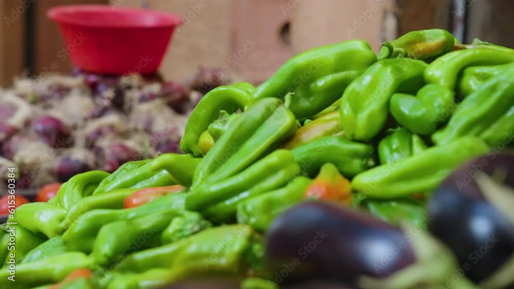 Green Bell Peppers Among Other Vegetables At Ghardaia Market In Algeria. Selective Focus Shot Green Bell Peppers Among Other Vegetables At Ghardaia Market In Algeria. Selective Focus Shot