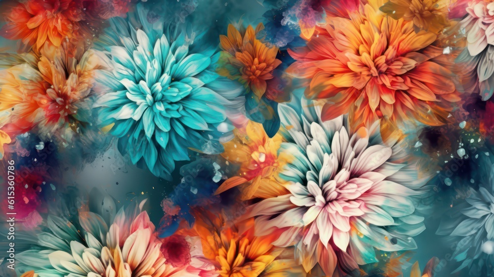 Colorful flowers paint abstract art background, fluid draw texture