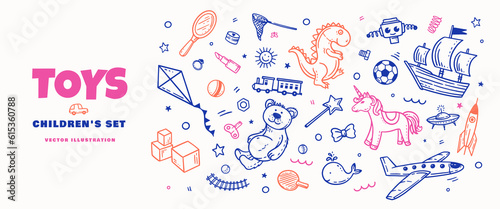 Banner with a large set of children's toys in linear style. Airplane, ship, rocket, dinosaur, soccer ball, whale, bear, dinosaur, locomo􀆟ve, cubes, unicorn on light background. Vector illustra􀆟on.