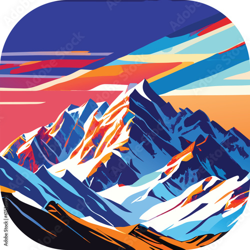 Vector wallpaper with a landscape, a mountain majestic mountain range with snow-capped peaks and sprawling glaciers, poster art , richly colored skies.