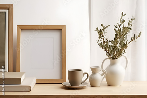 Empty wooden picture frame mockup on a wall with flower vase