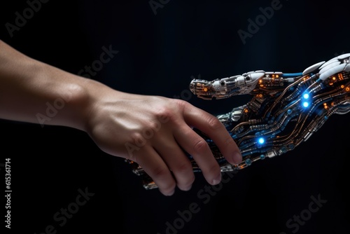 AI and machine learning business deal. Human and robot handshake on digital background  