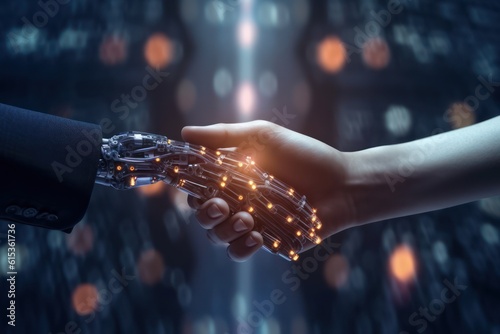 AI and machine learning business deal. Human and robot handshake on digital background, 