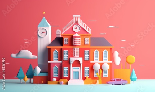 School Building in Minimal Style Background, Back to School Concept. Generative Ai