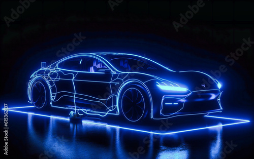 electric car in charging station illuminated in blue