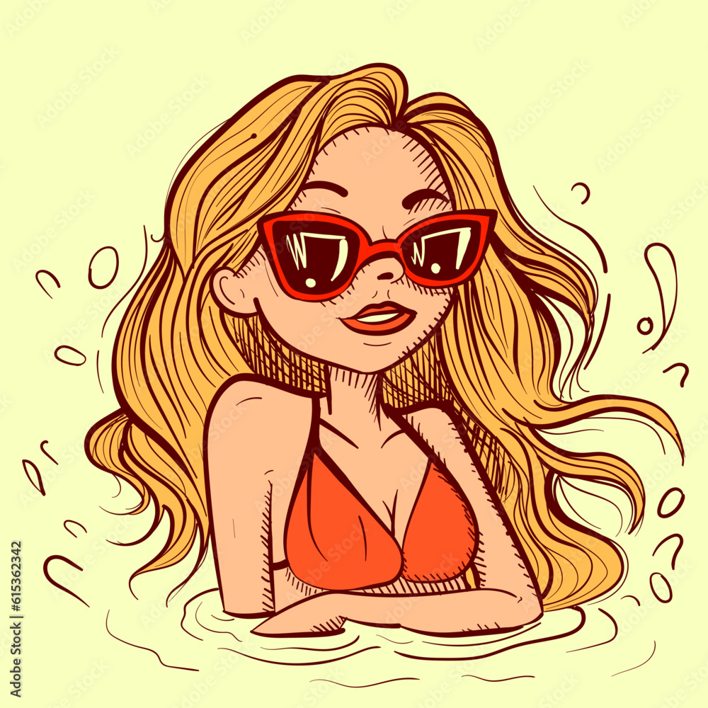 Illustration of a blonde girl wirh a red suimsuit sitting in a water pool on vacation. Vector of a woman with sunglasses relaxing and swimming Illustration of a blonde girl wirh a red suimsuit sitting in a water pool on vacation. Vector of a woman with sunglasses relaxing and swimming