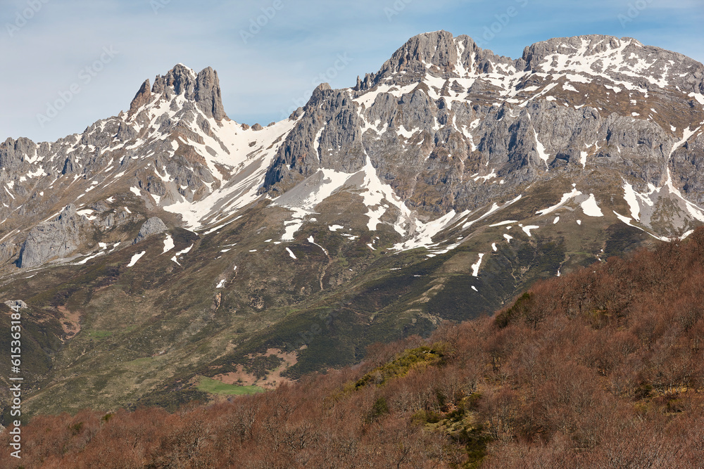 Mountain snowy landscape. Cares route. Picos Europa. Castilla Leon, Spain