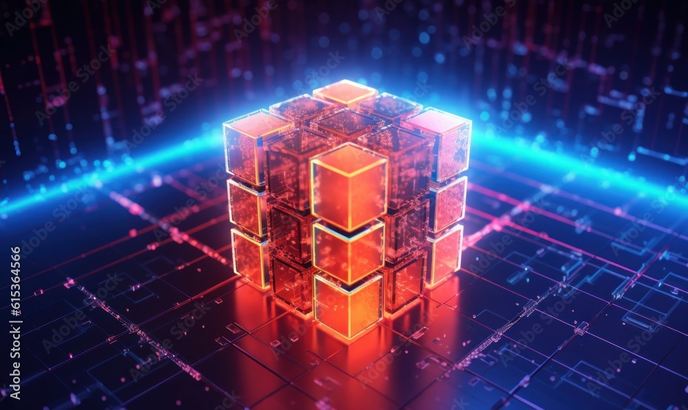 Fototapeta premium Blockhain Technology Background, Decentralized networks Concept, Encrypted blocks Security. Generative Ai