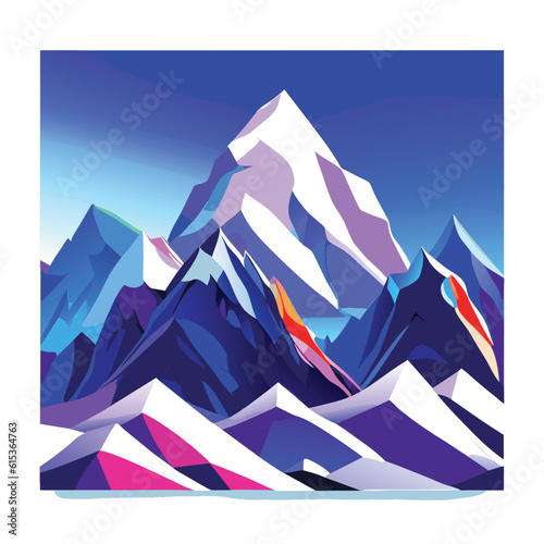 Vector wallpaper with a landscape, a mountain majestic mountain range with snow-capped peaks and sprawling glaciers, poster art , richly colored skies.