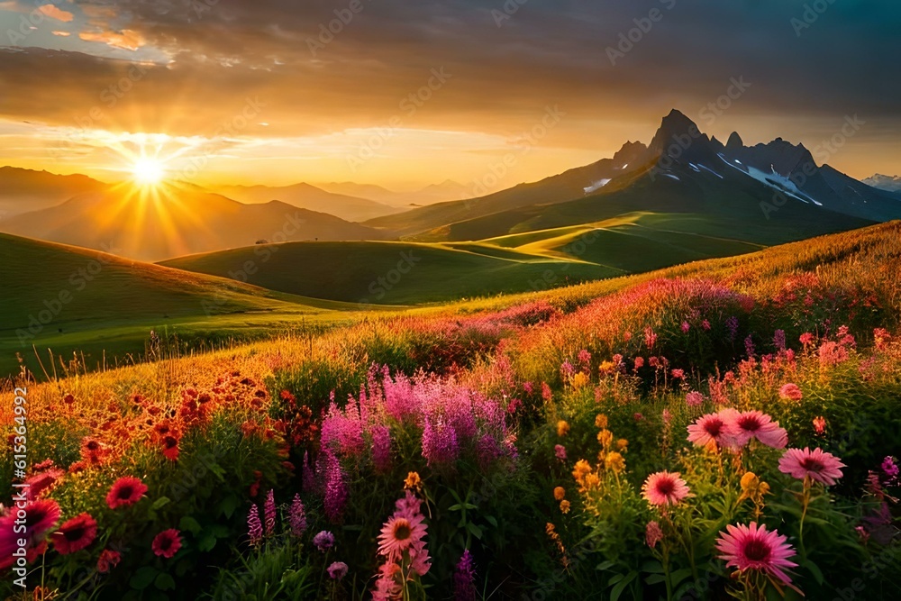 sunrise in the mountains and on the flowers genrated ai