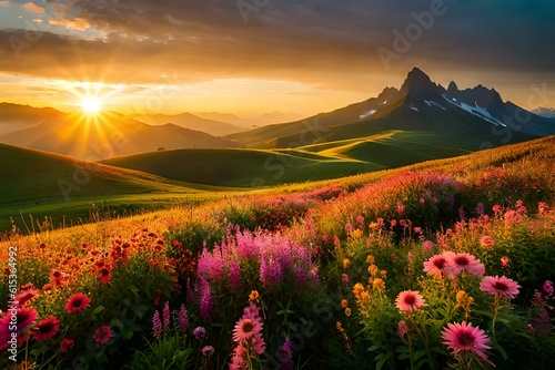 sunrise in the mountains and on the flowers genrated ai