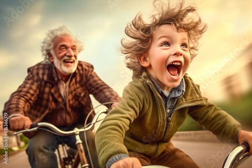 Funny senior man riding a bike with his grandson © Victor
