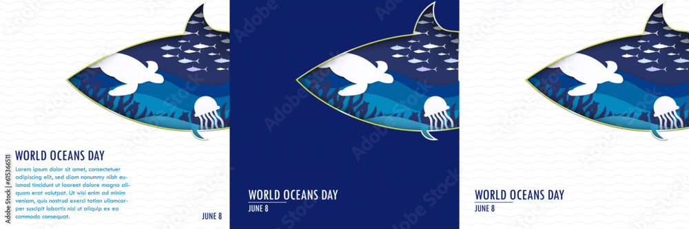Set of World Oceans Day Paper Art Concept. Square format template with ...