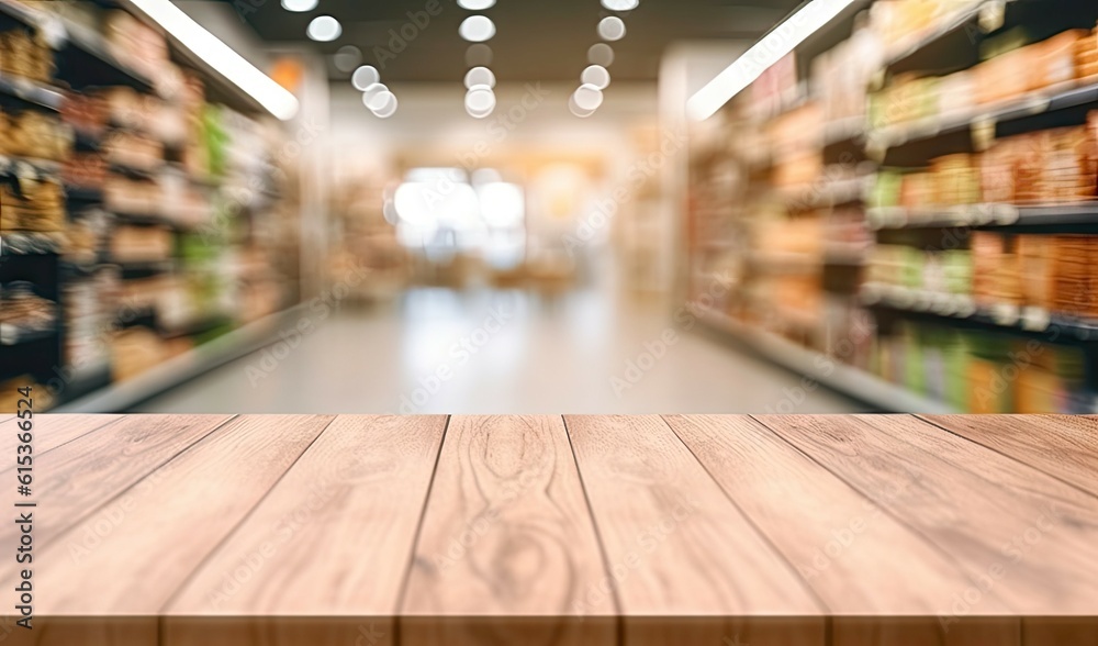 Modern wooden table for business. Showcase your products. Market shelf. Abstract blur counter background. Lifestyle shopping concept Modern wooden table for business. Showcase your products. Market shelf. Abstract blur counter background. Lifestyle shopping concept