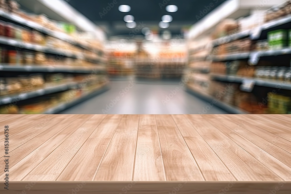 Modern wooden table for business. Showcase your products. Market shelf. Abstract blur counter background. Lifestyle shopping concept Modern wooden table for business. Showcase your products. Market shelf. Abstract blur counter background. Lifestyle shopping concept