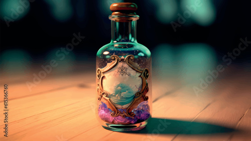 Antique bottle with a letter glows in the dark. Old message. Magic elixir. A small old bottle with a note on the table in a dark room. Perfume bottle. Magic and mysticism. Antique illustration.