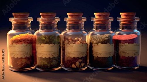 A set of spices in glass jars. Ingredients in jars. Substances in flasks. Flasks with ingredients. A set of jars. A set of vials. magical components. Makeup kit. Magic elixir. Magic Ingredients.