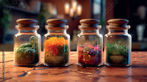 A set of spices in glass jars. Ingredients in jars. Substances in flasks. Flasks with ingredients. A set of jars. A set of vials. magical components. Makeup kit. Magic elixir. Magic Ingredients.