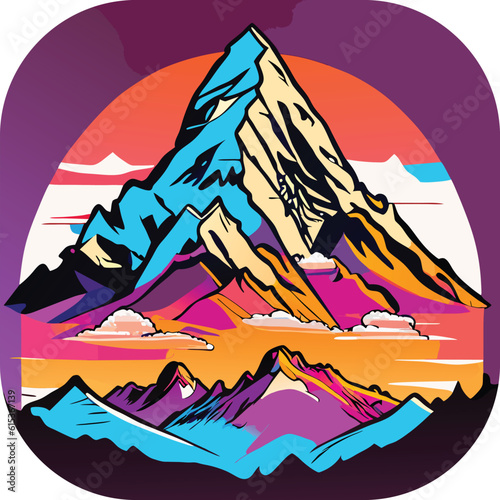 Vector wallpaper with a landscape  a mountain majestic mountain range with snow-capped peaks and sprawling glaciers  poster art   richly colored skies.