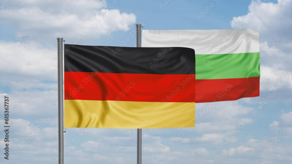 Bulgaria flag and Germany flag waving together on blue sky, looped video, two country cooperation concept Bulgaria flag and Germany flag waving together on blue sky, looped video, two country cooperation concept