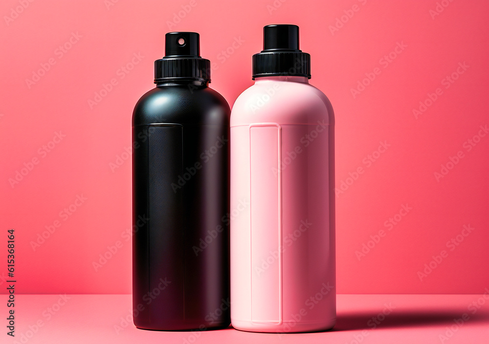 two white bottles of cleanser on pink background two white bottles of cleanser on pink background