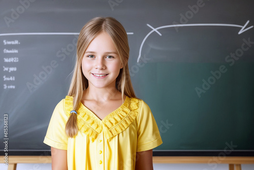 A schoolgirl girl stands in the classroom against the background of a school chalk board. Generative AI