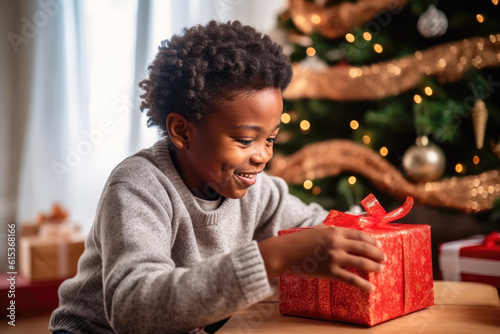 African american kid opening Christmas gift, happy, christmas, eve, present, box, holidays, children